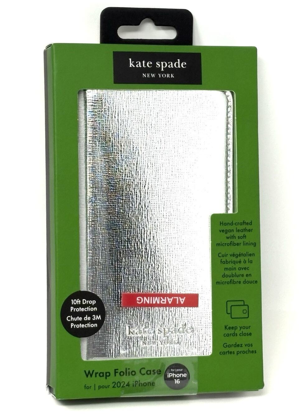 Kate Spade Wrap Folio Wallet Case iPhone 16 Compatible Metallic Silver NIB Shiny